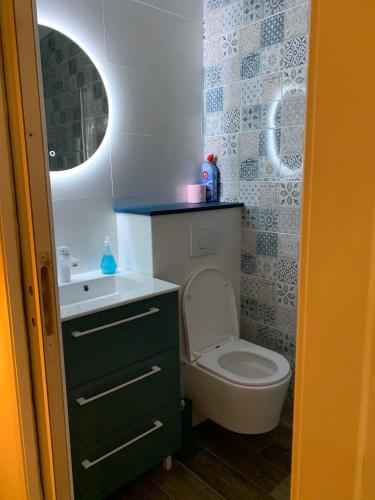 une petite salle de bain avec toilettes et lavabo dans l'établissement Studio en hyper centre - Wimereux, à Wimereux