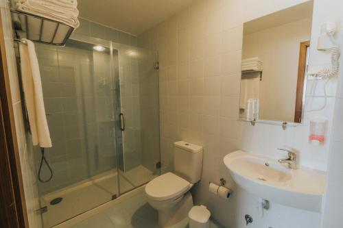 La salle de bains est pourvue d'une douche, de toilettes et d'un lavabo. dans l'établissement Hotel Nossa Senhora de Lurdes, à Fátima