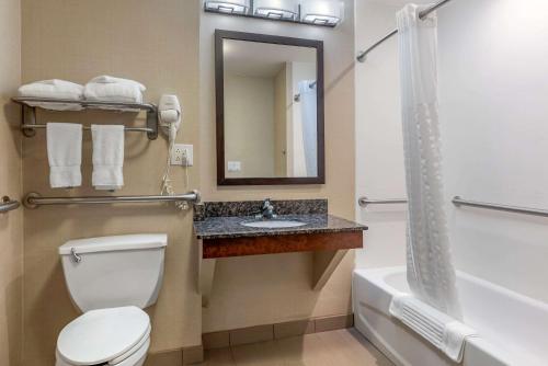 a bathroom with a toilet and a sink and a mirror at Comfort Suites in Marion