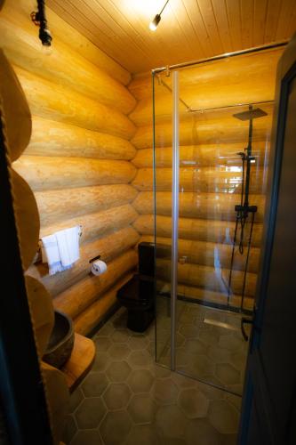 a bathroom with a shower in a log cabin at Resort Back To Nature in Bran