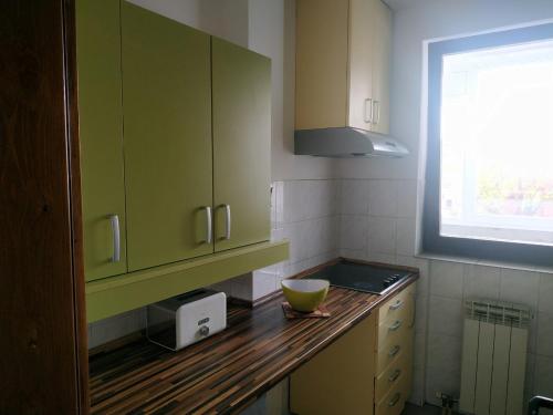 Nika Apartment في بلغراد: مطبخ مع خزائن خضراء ووعاء على منضدة
