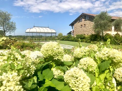 a garden with white flowers in front of a gazebo at Creative Design House Golf & SPA in Pozzolengo