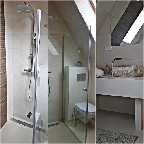 two pictures of a bathroom with a shower and a toilet at Domek Melania in Zakopane