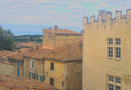 a view of a city with buildings and a castle at Studio entre Cévennes et Camargue in Montfrin