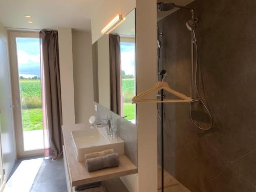 een badkamer met een wastafel en een douche met een glazen deur bij In 't Groen in Watou