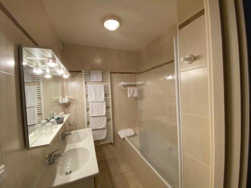 a bathroom with a shower and a sink and a mirror at Hôtel Bon Encontre in Sarlat-la-Canéda