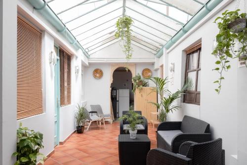 a conservatory with a glass ceiling and plants at Pensión Zacatin in Granada