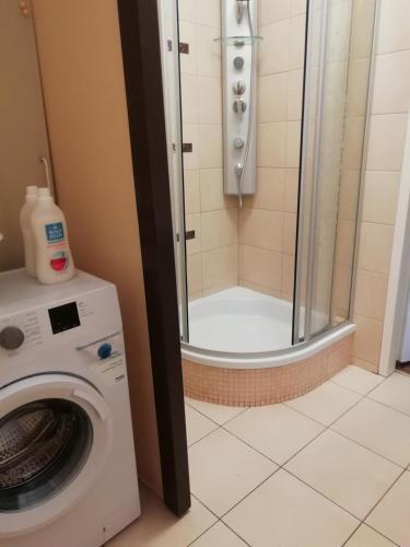 a shower in a bathroom with a washing machine at APARTAMENT W CENTRUM OLESNA in Olesno