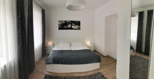 ein Schlafzimmer mit einem Bett in einem weißen Zimmer in der Unterkunft Laurentroom Central Park in Ukmergė