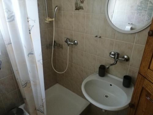 a bathroom with a sink and a shower with a mirror at Apartma Gorca Plevnik in Buče