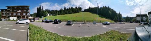 a parking lot with a grassy hill with cars parked at Cabana Fulg De Nea Predeal in Predeal