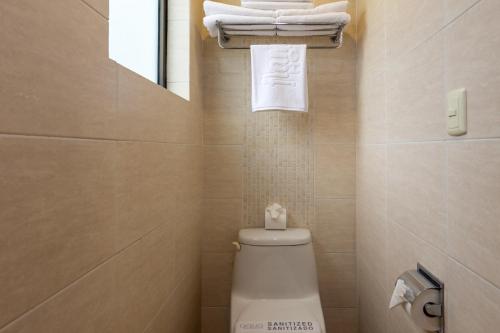 a bathroom with a toilet and a mirror and towels at Hotel Flamingo Inn in Querétaro