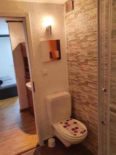 a small bathroom with a toilet in a room at Le Petit Beurre de cacahuète et Le Poivre et Sel in Fully