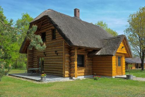 a log cabin with a thatch roof at Dom pod sosnami in Gryżyna