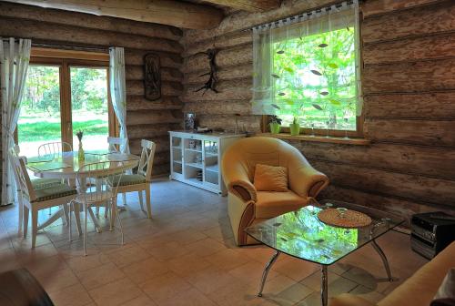 a living room with a table and a chair at Dom pod sosnami in Gryżyna
