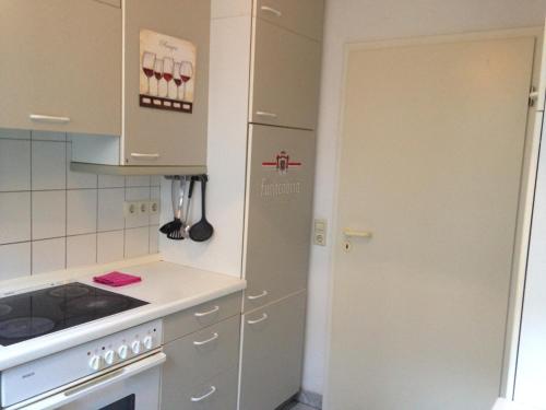 a kitchen with a stove and a refrigerator at Haus Schönwald in Freiburg im Breisgau