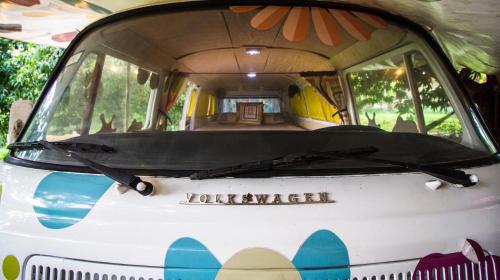 a front windshield of a van with the words volkswagon at Latica Lodge in Playa Negra