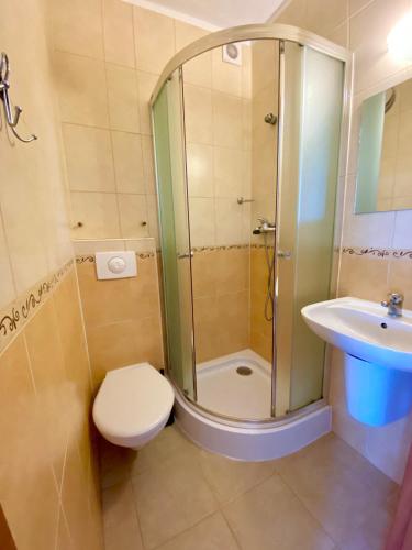 a bathroom with a shower and a toilet and a sink at Willa Octavia II in Jastrzębia Góra