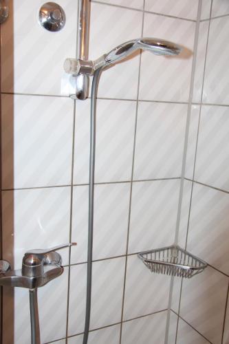 a shower with a glass door with a metal shelf at Hotel am Schloss Neuenstein in Neuenstein