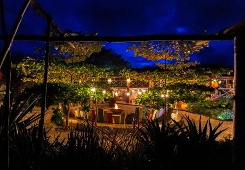 an outside view of a restaurant at night at Latica Lodge in Playa Negra