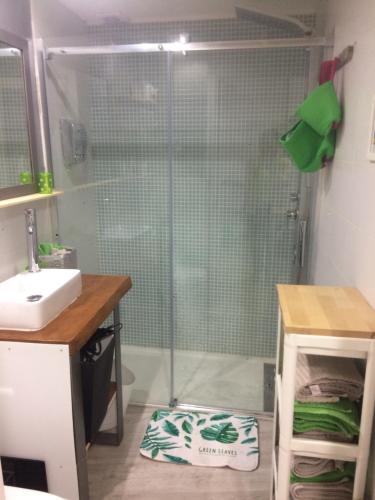 a bathroom with a shower with a glass door at Luminoso Loft en la Ciudad Vieja in A Coruña