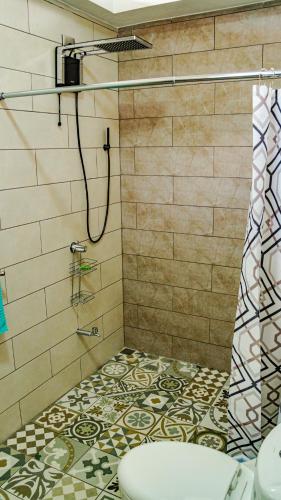 a bathroom with a shower with a toilet at Agutipaca Bungalows in Bagaces