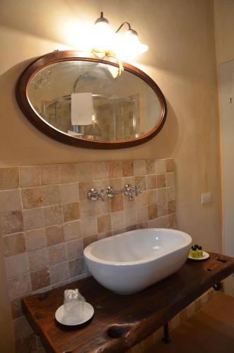 a bathroom with a white sink and a mirror at Fonte Comelia in Cortona