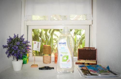 a bottle of detergent sitting on top of a window at Quinta dos Frutos in Santa Cruz da Graciosa