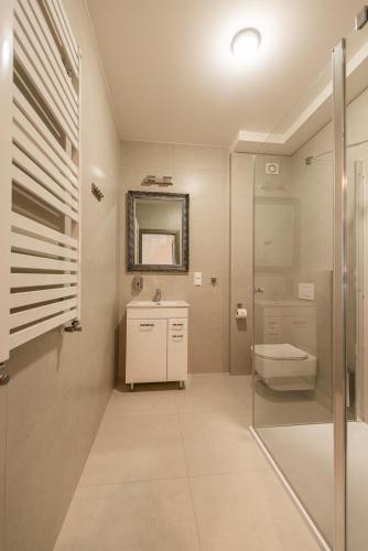 a bathroom with a toilet and a sink and a mirror at Apartamenty Kupiecka ścisłe centrum in Zielona Góra