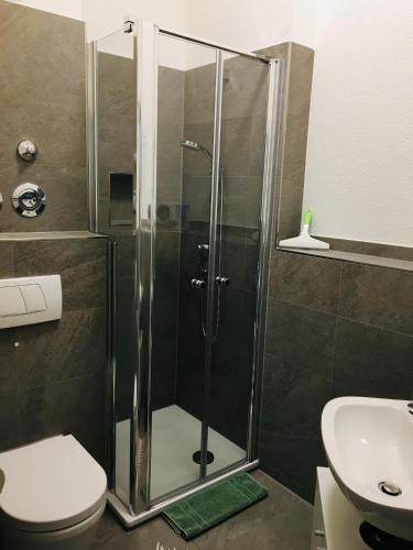 a bathroom with a shower with a toilet and a sink at Ferienwohnung Susanna in Friedrichshafen