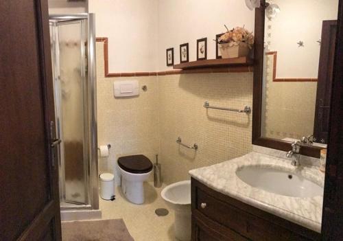 a bathroom with a toilet and a sink and a shower at IL RIFUGIO DI LYLLA PESCOCOSTANZO in Pescocostanzo