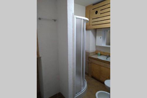 La petite salle de bains est pourvue d'une douche et d'un lavabo. dans l'établissement La casa sul parco, à Grosio