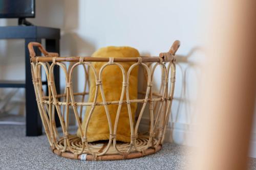 a stuffed animal in a basket on the floor at Walker Suite No82 - Donnini Apartments in Kilmarnock
