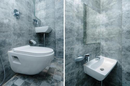 two pictures of a bathroom with a toilet and a sink at Hotel Riva International- Goregaon West Mumbai in Mumbai