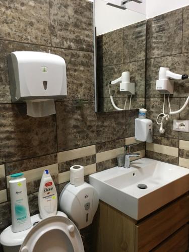 a bathroom with a sink and a toilet and a mirror at Bar Restaurant Hotel ''Te Gusti'' in Tamarë