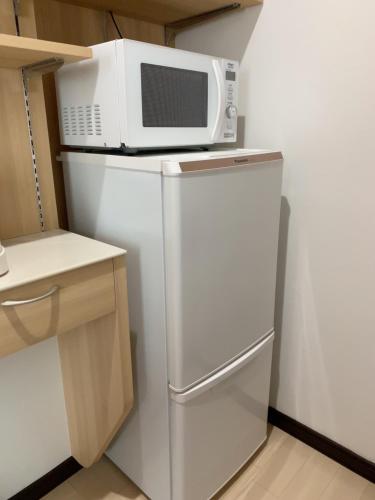 een magnetron bovenop een koelkast bij ＡkＢ63 in Sapporo