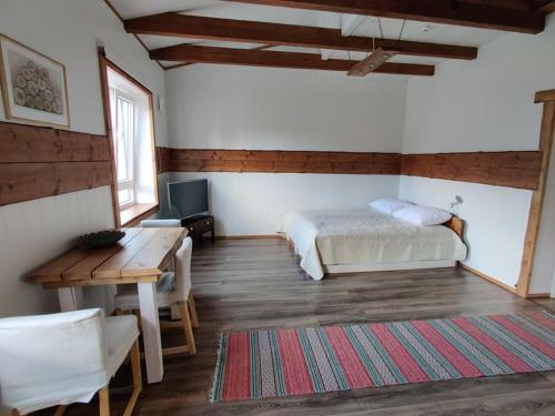 um quarto com uma cama, uma secretária e uma mesa em Ökopesa Külaliskorterid em Otepää