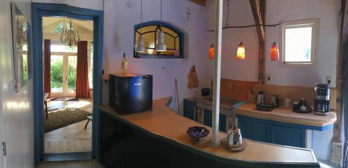 a kitchen with a counter with a sink and a mirror at Vrijstaand Koetshuis Marron in Barsingerhorn