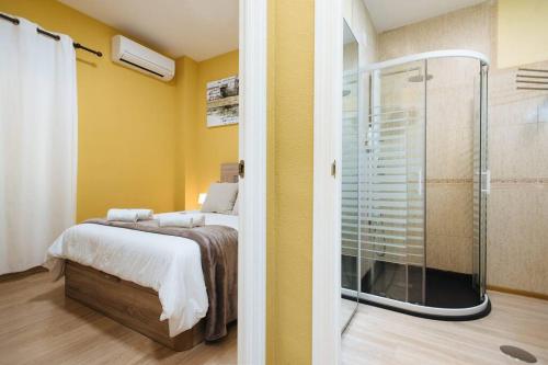 1 dormitorio con 1 cama y ducha acristalada en Cozy and well located apartment in the center of Seville, en Sevilla