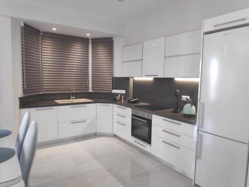 een keuken met witte kasten, een wastafel en een koelkast bij Alimos Luxury Prestige in Athene