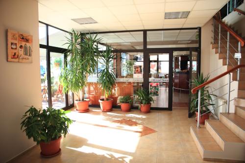 a lobby with potted plants in a building at Hotel Grand in Samokov