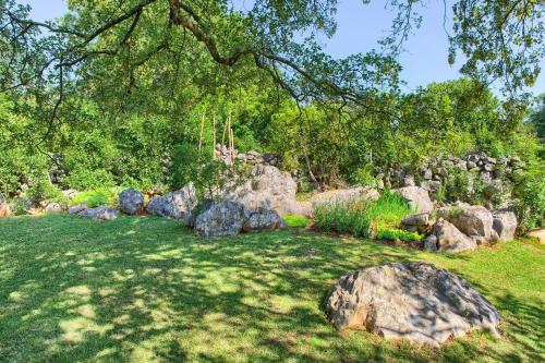 a field of grass with rocks and a tree at Vila Anka in Malinska