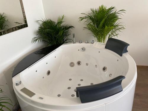 a white bath tub with plants in a room at Die Oase - Luxurious Apartment near the City Center in Bratislava