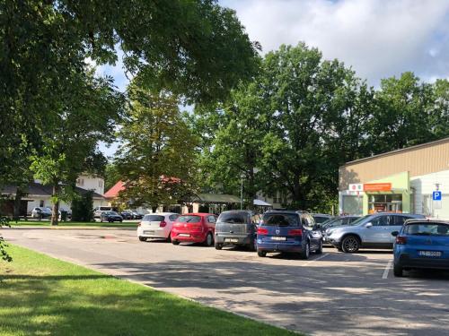 a bunch of cars parked in a parking lot at Hotel Pils with Self-Check in in Sigulda