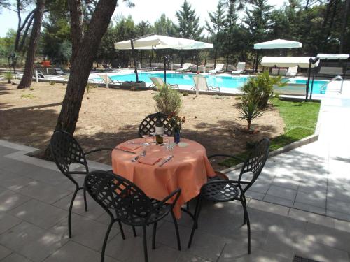 uma mesa e cadeiras com uma mesa e uma piscina em Residence MILANO em Chieuti