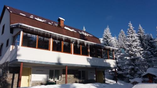 a house in the snow with snow covered trees at Cabana Rânca in Ranca