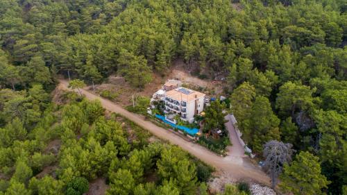 an aerial view of a house in the middle of a forest at Esperanza Boutique Hotel of Lykia in Karaoz