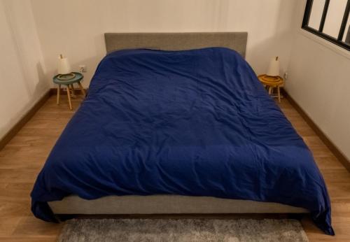 Bett mit blauer Decke auf einem Zimmer in der Unterkunft T2 moderne hypercentre 40m2, au pied de la cathédrale in Auch
