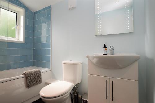 a bathroom with a white toilet and a sink at Upper Alta Apartment in Tighnabruaich