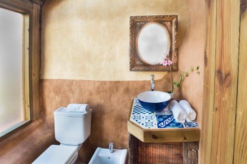 a bathroom with a sink and a toilet and a mirror at Caliu Earthship Ecolodge in Colonia del Sacramento